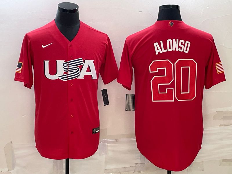 Men 2023 World Cub USA #20 Alonso Red Nike MLB Jersey8